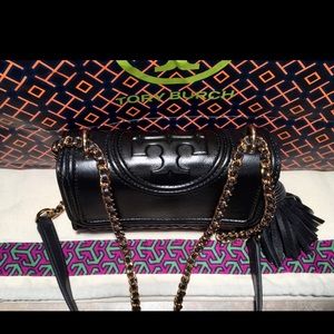 Tory Burch Black Leather Fleming Micro Crossbody